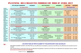 Planning des collectes du sang pour le mois d’avril 2017